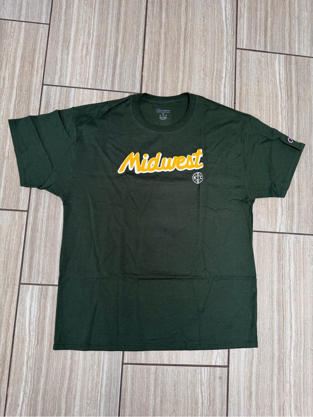 Champion Dark Green 'Midwest' Graphic Short Sleeve Tee with Yellow Script